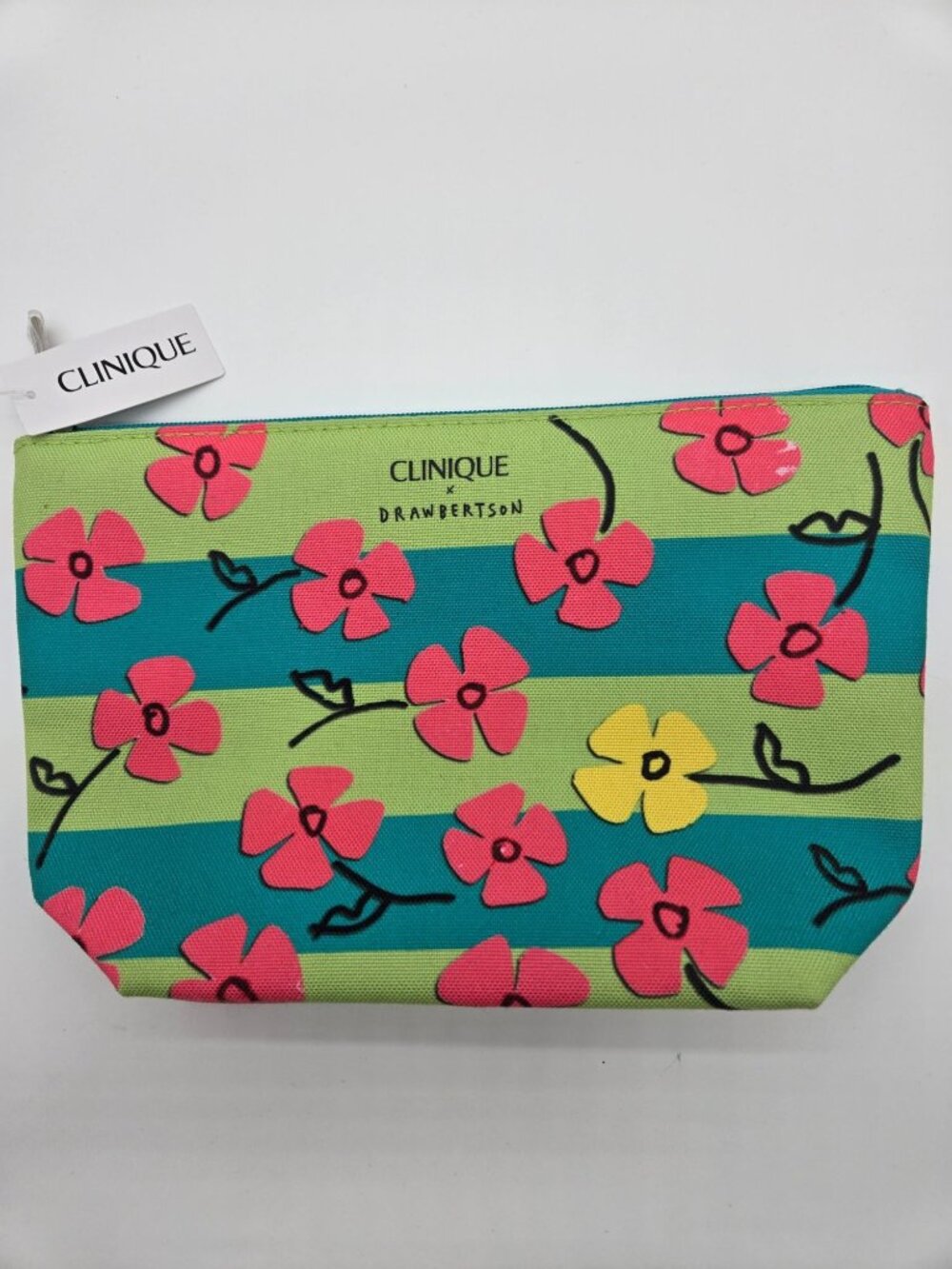 Clinique x Drawbertson Floral Makeup Bag Cosmetic Pouch Blue Green NWT